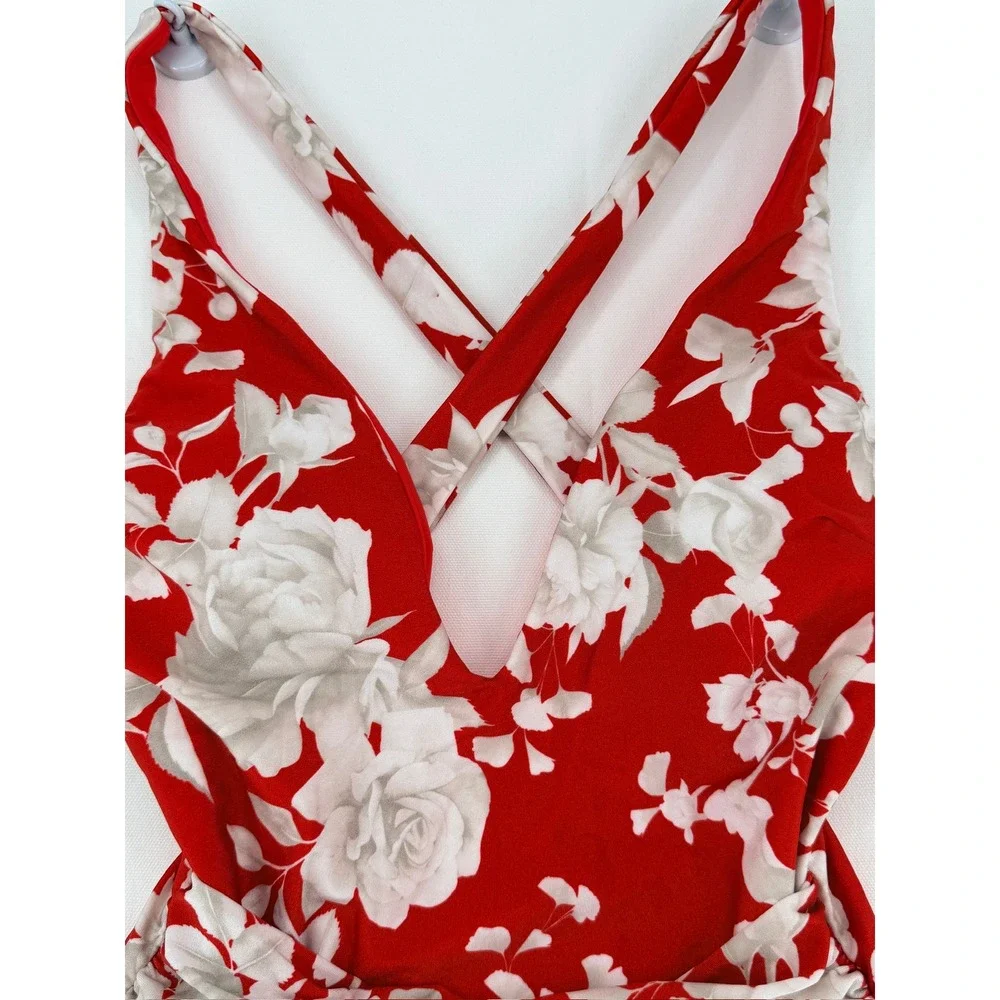 L'AGENCE Lisa Ikebana Floral Belted One Piece Swimsuit Red M - Picture 9 of 16